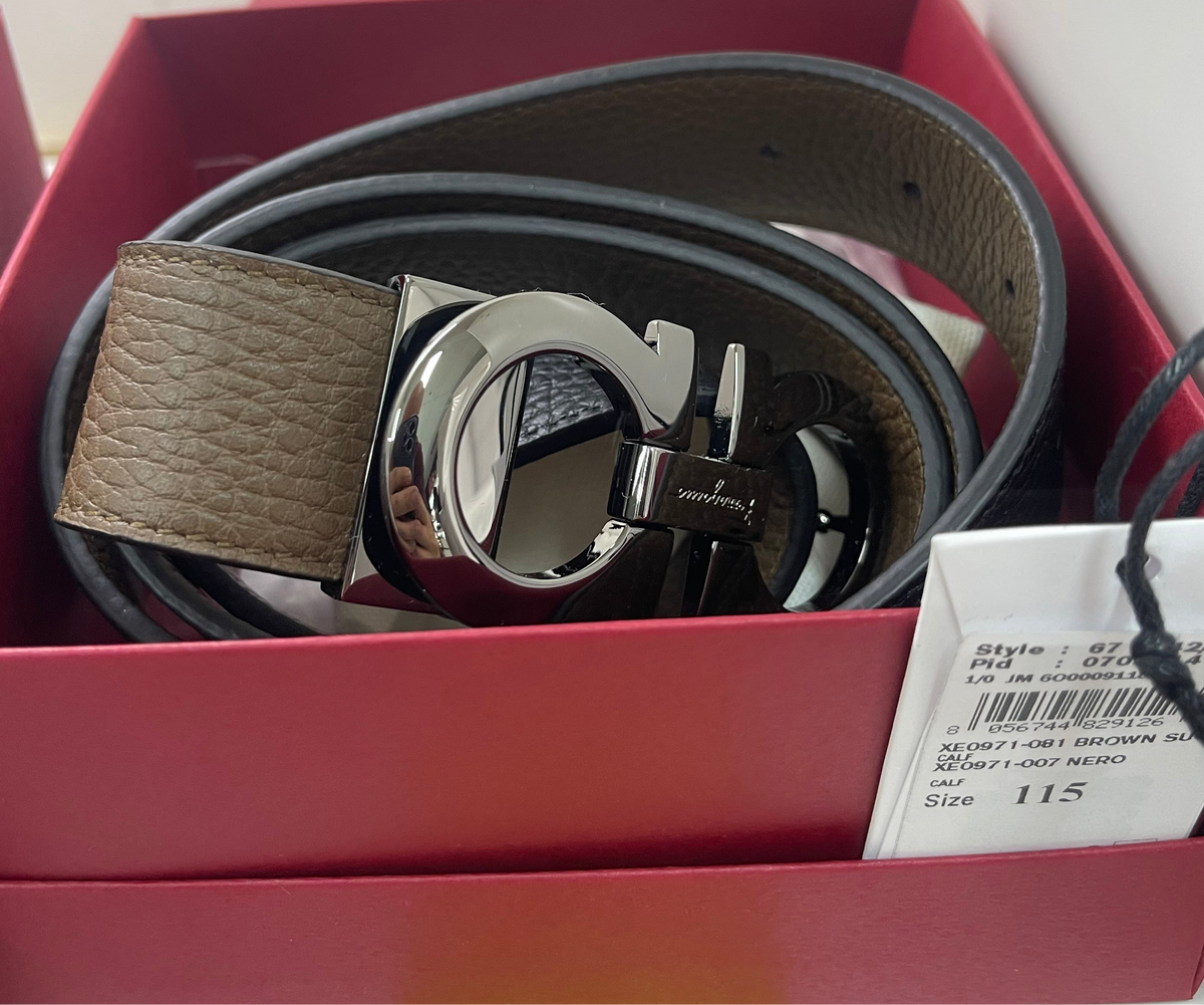 Ferragamo Belt 115cm BROWN SUGAR CALF NERO CALF (Village gray round skin black light strain)