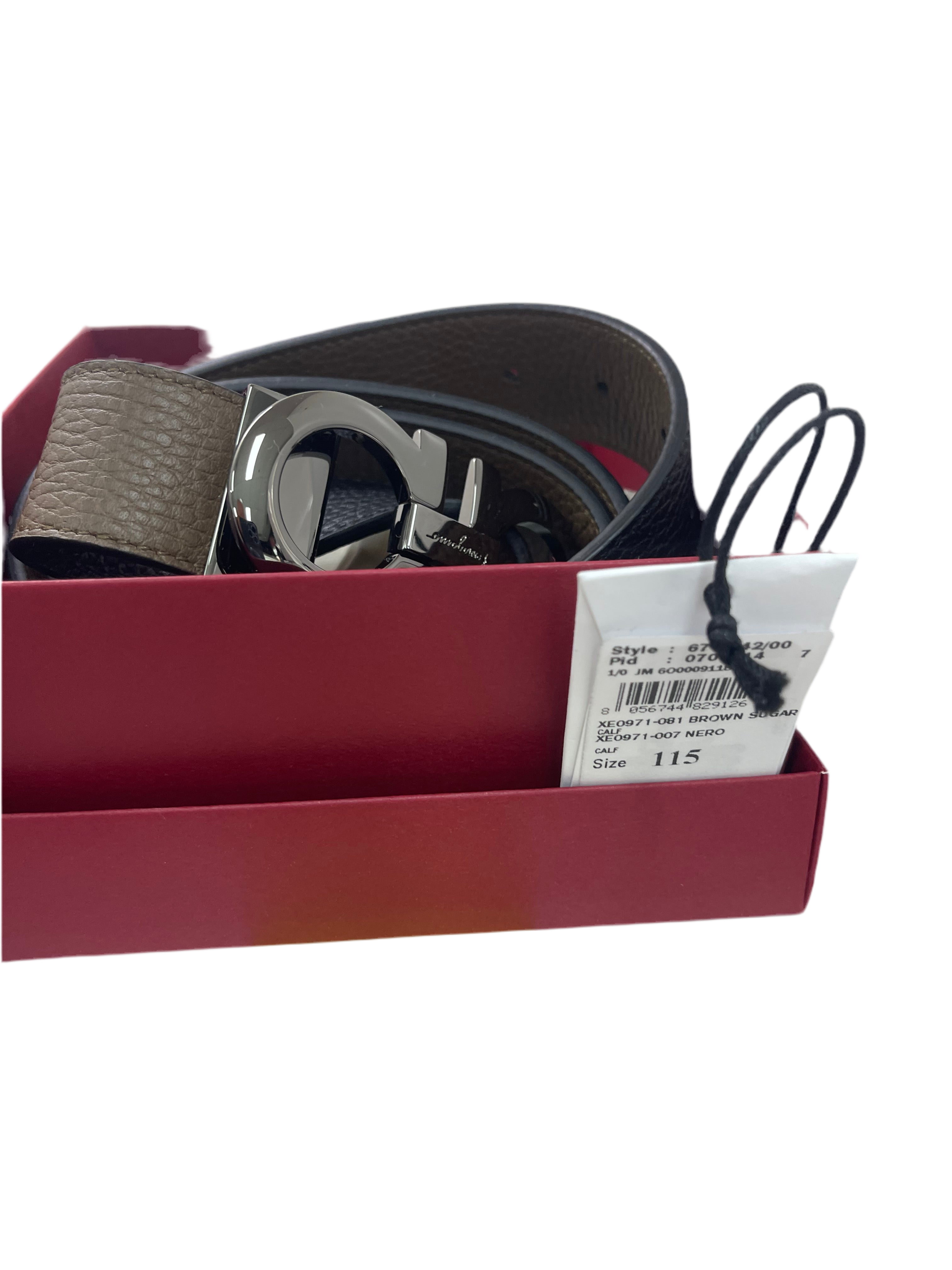 Ferragamo Belt 115cm BROWN SUGAR CALF NERO CALF (Village gray round skin black light strain)
